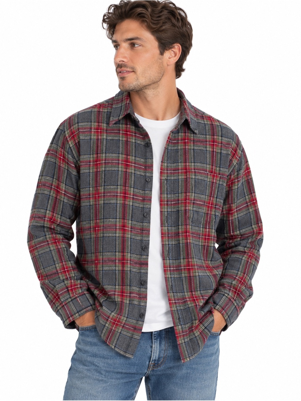 L.L.Bean Men’s Traditional Fit Plaid Flannel Shirt Gray Red Size XL
